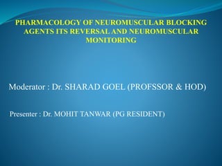 PHARMACOLOGY OF NEUROMUSCULAR BLOCKING
AGENTS ITS REVERSAL AND NEUROMUSCULAR
MONITORING
Moderator : Dr. SHARAD GOEL (PROFSSOR & HOD)
Presenter : Dr. MOHIT TANWAR (PG RESIDENT)
 