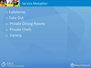 Service Metaphor

o Cafeterias
o Take Out
o Private Dining Rooms
o Private Chefs
o Variety
 