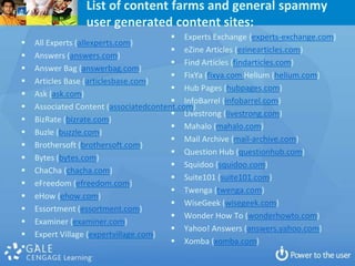 List of content farms and general spammy
                 user generated content sites:
                                         Experts Exchange (experts-exchange.com)
   All Experts (allexperts.com)
                                         eZine Articles (ezinearticles.com)
   Answers (answers.com)
                                         Find Articles (findarticles.com)
   Answer Bag (answerbag.com)
                                         FixYa (fixya.com Helium (helium.com)
   Articles Base (articlesbase.com)
                                         Hub Pages (hubpages.com)
   Ask (ask.com)
                                         InfoBarrel (infobarrel.com)
   Associated Content (associatedcontent.com)
                                         Livestrong (livestrong.com)
   BizRate (bizrate.com)
                                         Mahalo (mahalo.com)
   Buzle (buzzle.com)
                                         Mail Archive (mail-archive.com)
   Brothersoft (brothersoft.com)
                                         Question Hub (questionhub.com)
   Bytes (bytes.com)
                                         Squidoo (squidoo.com)
   ChaCha (chacha.com)
                                         Suite101 (suite101.com)
   eFreedom (efreedom.com)
                                         Twenga (twenga.com)
   eHow (ehow.com)
                                         WiseGeek (wisegeek.com)
   Essortment (essortment.com)
                                         Wonder How To (wonderhowto.com)
   Examiner (examiner.com)
                                         Yahoo! Answers (answers.yahoo.com)
   Expert Village (expertvillage.com)
                                         Xomba (xomba.com)
   )
 
