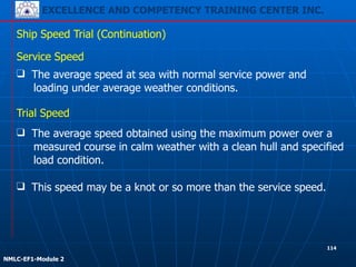 EXCELLENCE AND COMPETENCY TRAINING CENTER INC.
!
!
NMLC-EF1-Module 2
❑ The average speed obtained using the maximum power over a
measured course in calm weather with a clean hull and specified
load condition.
Ship Speed Trial (Continuation)
❑ The average speed at sea with normal service power and
loading under average weather conditions.
Service Speed
Trial Speed
❑ This speed may be a knot or so more than the service speed.
114
 