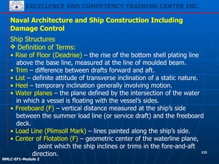 EXCELLENCE AND COMPETENCY TRAINING CENTER INC.
!
!
NMLC-EF1-Module 2
123
Naval Architecture and Ship Construction Including
Damage Control
Ship Structures
❖ Definition of Terms:
▪ Rise of Floor (Deadrise) – the rise of the bottom shell plating line
above the base line, measured at the line of moulded beam.
▪ Trim – difference between drafts forward and aft.
▪ List – definite attitude of transverse inclination of a static nature.
▪ Heel – temporary inclination generally involving motion.
▪ Water planes – the plane defined by the intersection of the water
in which a vessel is floating with the vessel’s sides.
▪ Freeboard (F) – vertical distance measured at the ship’s side
between the summer load line (or service draft) and the freeboard
deck.
▪ Load Line (Plimsoll Mark) – lines painted along the ship’s side.
▪ Center of Flotation (F) – geometric center of the waterline plane,
point which the ship inclines or trims in the fore-and-aft
direction.
 