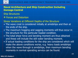 EXCELLENCE AND COMPETENCY TRAINING CENTER INC.
!
!
NMLC-EF1-Module 2
134
Naval Architecture and Ship Construction Including
Damage Control
Ship Structures
❖ Forces and Distortion
Stress Variations at Different Depths of the Structure
▪ The wave crest is considered initially at amidships and then at
the ends of the ship.
▪ The maximum hogging and sagging moments will thus occur in
the structure for the particular loaded condition.
▪ The total shear force and bending moment are thus obtained
and these will include the still water bending moment.
▪ If actual loading conditions for the ship are considered which will
make the above conditions worse, e.g. heavy loads amidships
when the wave through is amidships, then maximum bending
moments in normal operating service can be found.
 