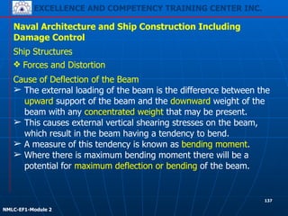 EXCELLENCE AND COMPETENCY TRAINING CENTER INC.
!
!
NMLC-EF1-Module 2
137
Naval Architecture and Ship Construction Including
Damage Control
Ship Structures
❖ Forces and Distortion
Cause of Deflection of the Beam
➢ The external loading of the beam is the difference between the
upward support of the beam and the downward weight of the
beam with any concentrated weight that may be present.
➢ This causes external vertical shearing stresses on the beam,
which result in the beam having a tendency to bend.
➢ A measure of this tendency is known as bending moment.
➢ Where there is maximum bending moment there will be a
potential for maximum deflection or bending of the beam.
 