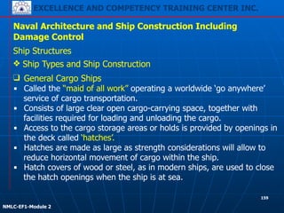 EXCELLENCE AND COMPETENCY TRAINING CENTER INC.
!
!
NMLC-EF1-Module 2
159
Naval Architecture and Ship Construction Including
Damage Control
Ship Structures
❖ Ship Types and Ship Construction
❑ General Cargo Ships
▪ Called the “maid of all work” operating a worldwide ‘go anywhere’
service of cargo transportation.
▪ Consists of large clear open cargo-carrying space, together with
facilities required for loading and unloading the cargo.
▪ Access to the cargo storage areas or holds is provided by openings in
the deck called ‘hatches’.
▪ Hatches are made as large as strength considerations will allow to
reduce horizontal movement of cargo within the ship.
▪ Hatch covers of wood or steel, as in modern ships, are used to close
the hatch openings when the ship is at sea.
 