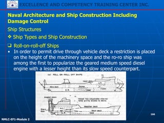 EXCELLENCE AND COMPETENCY TRAINING CENTER INC.
!
!
NMLC-EF1-Module 2
166
Naval Architecture and Ship Construction Including
Damage Control
Ship Structures
❖ Ship Types and Ship Construction
❑ Roll-on-roll-off Ships
▪ In order to permit drive through vehicle deck a restriction is placed
on the height of the machinery space and the ro-ro ship was
among the first to popularize the geared medium speed diesel
engine with a lesser height than its slow speed counterpart.
 