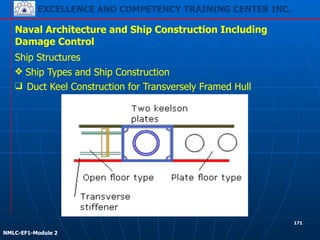 EXCELLENCE AND COMPETENCY TRAINING CENTER INC.
!
!
NMLC-EF1-Module 2
171
Naval Architecture and Ship Construction Including
Damage Control
Ship Structures
❖ Ship Types and Ship Construction
❑ Duct Keel Construction for Transversely Framed Hull
 