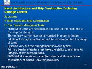 EXCELLENCE AND COMPETENCY TRAINING CENTER INC.
!
!
NMLC-EF1-Module 2
174
Naval Architecture and Ship Construction Including
Damage Control
Structures
❖ Ship Types and Ship Construction
❑ Gas Tankers Membrane Tanks
▪ Membrane tanks are rectangular and rely on the main hull of
the ship for strength.
▪ The primary barrier may be corrugated in order to impart
additional strength and to account for movement due to change
of temp.
▪ Systems vary but the arrangement shown is typical.
▪ Primary barrier material must have the ability to maintain its
integrity at low temperatures.
▪ 36% Nickel steel (invar), stainless steel and aluminum are
satisfactory at normal LNG temperatures.
 