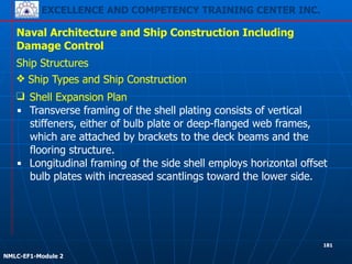 EXCELLENCE AND COMPETENCY TRAINING CENTER INC.
!
!
NMLC-EF1-Module 2
181
Naval Architecture and Ship Construction Including
Damage Control
Ship Structures
❖ Ship Types and Ship Construction
❑ Shell Expansion Plan
▪ Transverse framing of the shell plating consists of vertical
stiffeners, either of bulb plate or deep-flanged web frames,
which are attached by brackets to the deck beams and the
flooring structure.
▪ Longitudinal framing of the side shell employs horizontal offset
bulb plates with increased scantlings toward the lower side.
 