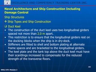 EXCELLENCE AND COMPETENCY TRAINING CENTER INC.
!
!
NMLC-EF1-Module 2
182
Naval Architecture and Ship Construction Including
Damage Control
Ship Structures
❖ Ship Types and Ship Construction
❑ Duct Keel
▪ The construction of the duct keel uses two longitudinal girders
spaced not more than 2.0 m apart.
▪ This restriction is to ensure that the longitudinal girders rest on
the docking blocks when the ship is in dry-dock.
▪ Stiffeners are fitted to shell and bottom plating at alternate
frame spaces and are bracketed to the longitudinal girders.
▪ The keel plate and the tank top above the duct keel must have
their scantlings increased to compensate for the reduced
strength of the transverse floors.
 