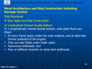 EXCELLENCE AND COMPETENCY TRAINING CENTER INC.
!
!
NMLC-EF1-Module 2
185
Naval Architecture and Ship Construction Including
Damage Control
Ship Structures
❖ Ship Types and Ship Construction
❑ Longitudinal Framed Double Bottom
In a longitudinally framed double bottom, solid plate floors are
fitted:
▪ At every frame space under the main engines, and at alternate
frames outboard of the engine.
▪ They are also fitted under boiler seats.
▪ Transverse bulkheads, and
▪ Toes of stiffener brackets on deep tank bulkheads
 