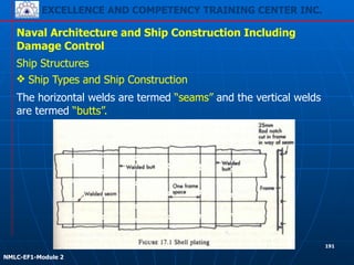 EXCELLENCE AND COMPETENCY TRAINING CENTER INC.
!
!
NMLC-EF1-Module 2
191
Naval Architecture and Ship Construction Including
Damage Control
Ship Structures
❖ Ship Types and Ship Construction
The horizontal welds are termed “seams” and the vertical welds
are termed “butts”.
 