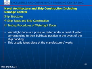 EXCELLENCE AND COMPETENCY TRAINING CENTER INC.
!
!
NMLC-EF1-Module 2
194
Naval Architecture and Ship Construction Including
Damage Control
Ship Structures
❖ Ship Types and Ship Construction
❑ Testing Procedures of Watertight Doors
!
▪ Watertight doors are pressure tested under a head of water
corresponding to their bulkhead position in the event of the
ship flooding.
▪ This usually takes place at the manufacturers’ works.
 