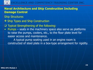 EXCELLENCE AND COMPETENCY TRAINING CENTER INC.
!
!
NMLC-EF1-Module 2
198
Naval Architecture and Ship Construction Including
Damage Control
Ship Structures
❖ Ship Types and Ship Construction
❑ Typical Strengthening of the following:
▪ Pumps – seats in the machinery space also serve as platforms
to raise the pumps, coolers, etc., to the floor plate level for
easier access and maintenance.
A typical pump seating used in an engine room is
constructed of steel plate in a box-type arrangement for rigidity.
 