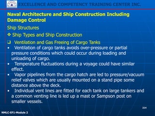 EXCELLENCE AND COMPETENCY TRAINING CENTER INC.
!
!
NMLC-EF1-Module 2
214
Naval Architecture and Ship Construction Including
Damage Control
Ship Structures
❖ Ship Types and Ship Construction
❑ Ventilation and Gas Freeing of Cargo Tanks
▪ Ventilation of cargo tanks avoids over-pressure or partial
pressure conditions which could occur during loading and
unloading of cargo.
▪ Temperature fluctuations during a voyage could have similar
effect.
▪ Vapor pipelines from the cargo hatch are led to pressure/vacuum
relief valves which are usually mounted on a stand pipe some
distance above the deck.
▪ Individual vent lines are fitted for each tank on large tankers and
a common venting line is led up a mast or Sampson post on
smaller vessels.
 