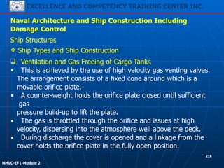 EXCELLENCE AND COMPETENCY TRAINING CENTER INC.
!
!
NMLC-EF1-Module 2
216
Naval Architecture and Ship Construction Including
Damage Control
Ship Structures
❖ Ship Types and Ship Construction
❑ Ventilation and Gas Freeing of Cargo Tanks
▪ This is achieved by the use of high velocity gas venting valves.
The arrangement consists of a fixed cone around which is a
movable orifice plate.
▪ A counter-weight holds the orifice plate closed until sufficient
gas
pressure build-up to lift the plate.
▪ The gas is throttled through the orifice and issues at high
velocity, dispersing into the atmosphere well above the deck.
▪ During discharge the cover is opened and a linkage from the
cover holds the orifice plate in the fully open position.
 