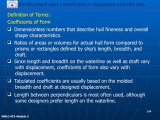 EXCELLENCE AND COMPETENCY TRAINING CENTER INC.
!
!
NMLC-EF1-Module 2
224
❑ Tabulated coefficients are usually based on the molded
breadth and draft at designed displacement.
Definition of Terms:
Coefficients of Form
❑ Dimensionless numbers that describe hull fineness and overall
shape characteristics.
❑ Ratios of areas or volumes for actual hull form compared to
prisms or rectangles defined by ship’s length, breadth, and
draft.
❑ Since length and breadth on the waterline as well as draft vary
with displacement, coefficients of form also vary with
displacement.
❑ Length between perpendiculars is most often used, although
some designers prefer length on the waterline.
 