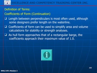 EXCELLENCE AND COMPETENCY TRAINING CENTER INC.
!
!
NMLC-EF1-Module 2
225
❑ Length between perpendiculars is most often used, although
some designers prefer length on the waterline.
Definition of Terms:
Coefficients of Form (Continuation)
❑ As hull form approaches that of a rectangular barge, the
coefficients approach their maximum value of 1.0.
❑ Coefficients of form can be used to simplify area and volume
calculations for stability or strength analyses.
 