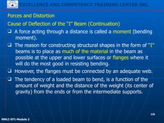 EXCELLENCE AND COMPETENCY TRAINING CENTER INC.
!
!
NMLC-EF1-Module 2
236
Forces and Distortion
❑ The reason for constructing structural shapes in the form of “I”
beams is to place as much of the material in the beam as
possible at the upper and lower surfaces or flanges where it
will do the most good in resisting bending.
Cause of Deflection of the “I” Beam (Continuation)
❑ The tendency of a loaded beam to bend, is a function of the
amount of weight and the distance of the weight (its center of
gravity) from the ends or from the intermediate supports.
❑ However, the flanges must be connected by an adequate web.
❑ A force acting through a distance is called a moment (bending
moment).
 
