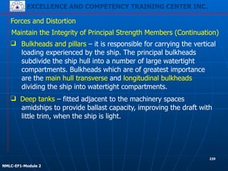 EXCELLENCE AND COMPETENCY TRAINING CENTER INC.
!
!
NMLC-EF1-Module 2
239
Forces and Distortion
❑ Bulkheads and pillars – it is responsible for carrying the vertical
loading experienced by the ship. The principal bulkheads
subdivide the ship hull into a number of large watertight
compartments. Bulkheads which are of greatest importance
are the main hull transverse and longitudinal bulkheads
dividing the ship into watertight compartments.
Maintain the Integrity of Principal Strength Members (Continuation)
❑ Deep tanks – fitted adjacent to the machinery spaces
amidships to provide ballast capacity, improving the draft with
little trim, when the ship is light.
 