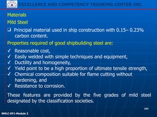 EXCELLENCE AND COMPETENCY TRAINING CENTER INC.
!
!
NMLC-EF1-Module 2
243
Materials
✓ Reasonable cost,
✓ Easily welded with simple techniques and equipment,
✓ Ductility and homogeneity,
✓ Yield point to be a high proportion of ultimate tensile strength,
✓ Chemical composition suitable for flame cutting without
hardening, and
✓ Resistance to corrosion.
Mild Steel
❑ Principal material used in ship construction with 0.15– 0.23%
carbon content.
Properties required of good shipbuilding steel are:
These features are provided by the five grades of mild steel
designated by the classification societies.
 