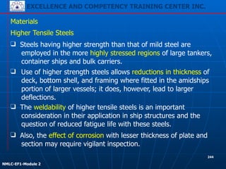 EXCELLENCE AND COMPETENCY TRAINING CENTER INC.
!
!
NMLC-EF1-Module 2
244
Materials
❑ Use of higher strength steels allows reductions in thickness of
deck, bottom shell, and framing where fitted in the amidships
portion of larger vessels; it does, however, lead to larger
deflections.
Higher Tensile Steels
❑ Steels having higher strength than that of mild steel are
employed in the more highly stressed regions of large tankers,
container ships and bulk carriers.
❑ Also, the effect of corrosion with lesser thickness of plate and
section may require vigilant inspection.
❑ The weldability of higher tensile steels is an important
consideration in their application in ship structures and the
question of reduced fatigue life with these steels.
 