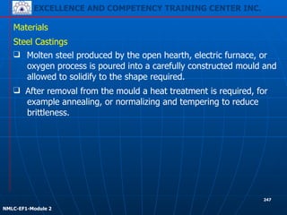 EXCELLENCE AND COMPETENCY TRAINING CENTER INC.
!
!
NMLC-EF1-Module 2
247
Materials
❑ Molten steel produced by the open hearth, electric furnace, or
oxygen process is poured into a carefully constructed mould and
allowed to solidify to the shape required.
Steel Castings
❑ After removal from the mould a heat treatment is required, for
example annealing, or normalizing and tempering to reduce
brittleness.
 