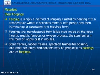 EXCELLENCE AND COMPETENCY TRAINING CENTER INC.
!
!
NMLC-EF1-Module 2
248
Materials
❑ Forging is simply a method of shaping a metal by heating it to a
temperature where it becomes more or less plastic and then
hammering or squeezing it to required form.
Steel Forgings
❑ Stern frames, rudder frames, spectacle frames for bossing,
and other structural components may be produced as castings
and or forgings.
❑ Forgings are manufactured from killed steel made by the open
hearth, electric furnace, or oxygen process, the steel being in
the form of ingots cast in moulds.
 