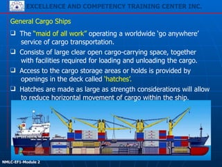 EXCELLENCE AND COMPETENCY TRAINING CENTER INC.
!
!
NMLC-EF1-Module 2
259
General Cargo Ships
❑ The “maid of all work” operating a worldwide ‘go anywhere’
service of cargo transportation.
❑ Consists of large clear open cargo-carrying space, together
with facilities required for loading and unloading the cargo.
❑ Access to the cargo storage areas or holds is provided by
openings in the deck called ‘hatches’.
❑ Hatches are made as large as strength considerations will allow
to reduce horizontal movement of cargo within the ship.
 
