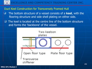EXCELLENCE AND COMPETENCY TRAINING CENTER INC.
!
!
NMLC-EF1-Module 2
271
Duct Keel Construction for Transversely Framed Hull
❑ The bottom structure of a vessel consists of a keel, with the
flooring structure and side shell plating on either side.
❑ The keel is located at the centre line of the bottom structure
and forms the 'backbone' of the vessel.
 