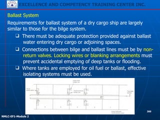 EXCELLENCE AND COMPETENCY TRAINING CENTER INC.
!
!
NMLC-EF1-Module 2
300
Requirements for ballast system of a dry cargo ship are largely
similar to those for the bilge system.
Ballast System
❑ There must be adequate protection provided against ballast
water entering dry cargo or adjoining spaces.
❑ Connections between bilge and ballast lines must be by non-
return valves. Locking wires or blanking arrangements must
prevent accidental emptying of deep tanks or flooding.
❑ Where tanks are employed for oil fuel or ballast, effective
isolating systems must be used.
 