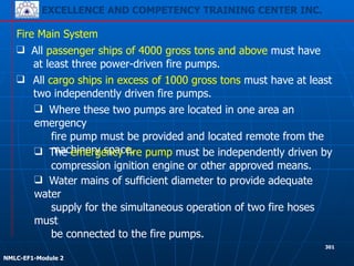 EXCELLENCE AND COMPETENCY TRAINING CENTER INC.
!
!
NMLC-EF1-Module 2
301
❑ All cargo ships in excess of 1000 gross tons must have at least
two independently driven fire pumps.
Fire Main System
❑ All passenger ships of 4000 gross tons and above must have
at least three power-driven fire pumps.
❑ Where these two pumps are located in one area an
emergency
fire pump must be provided and located remote from the
machinery space.❑ The emergency fire pump must be independently driven by
compression ignition engine or other approved means.
❑ Water mains of sufficient diameter to provide adequate
water
supply for the simultaneous operation of two fire hoses
must
be connected to the fire pumps.
 