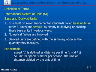 EXCELLENCE AND COMPETENCY TRAINING CENTER INC.
!
!
NMLC-EF1-Module 2
For example:  
speed (v) is defined as distance per time (v = d / t) 
SI unit for speed is meter per second--the unit of
distance divided by the unit of time
Definition of Terms
International System of Units (SI)
2. Numerical factors are involved
3. Derived units are defined with the same equation as the
quantity they measure.
Base and Derived Units
1. SI is built on seven fundamental standards called base units. all
other SI units are derived by simply multiplying or dividing
these base units in various ways.
312
EXCELLENCE AND COMPETENCY TRAINING CENTER INC.
 
