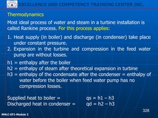 EXCELLENCE AND COMPETENCY TRAINING CENTER INC.
!
!
NMLC-EF1-Module 2
1. Heat supply (in boiler) and discharge (in condenser) take place
under constant pressure.
2. Expansion in the turbine and compression in the feed water
pump are without losses.
Thermodynamics
Most ideal process of water and steam in a turbine installation is
called Rankine process. For this process applies:
h1 = enthalpy after the boiler
h2 = enthalpy of steam after theoretical expansion in turbine
h3 = enthalpy of the condensate after the condenser = enthalpy of
water before the boiler when feed water pump has no
compression losses.
!
Supplied heat to boiler = qs = h1 – h3
Discharged heat in condenser = qd = h2 – h3
328
EXCELLENCE AND COMPETENCY TRAINING CENTER INC.
 