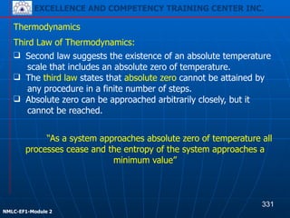 EXCELLENCE AND COMPETENCY TRAINING CENTER INC.
!
!
NMLC-EF1-Module 2
“As a system approaches absolute zero of temperature all
processes cease and the entropy of the system approaches a
minimum value”
Thermodynamics
Third Law of Thermodynamics:
❑ Second law suggests the existence of an absolute temperature
scale that includes an absolute zero of temperature.
❑ The third law states that absolute zero cannot be attained by
any procedure in a finite number of steps.
❑ Absolute zero can be approached arbitrarily closely, but it
cannot be reached.
331
EXCELLENCE AND COMPETENCY TRAINING CENTER INC.
 