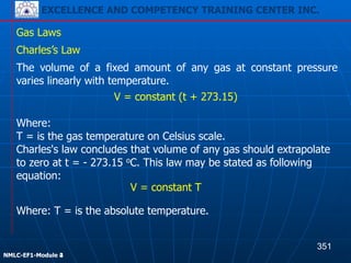 EXCELLENCE AND COMPETENCY TRAINING CENTER INC.
!
!
NMLC-EF1-Module 2
Gas Laws
Where: T = is the absolute temperature.
Charles’s Law
The volume of a fixed amount of any gas at constant pressure
varies linearly with temperature.
V = constant (t + 273.15)
Where:
T = is the gas temperature on Celsius scale.
Charles's law concludes that volume of any gas should extrapolate
to zero at t = - 273.15 oC. This law may be stated as following
equation:
V = constant T
351
EXCELLENCE AND COMPETENCY TRAINING CENTER INC.
!
!
NMLC-EF1-Module 4
 