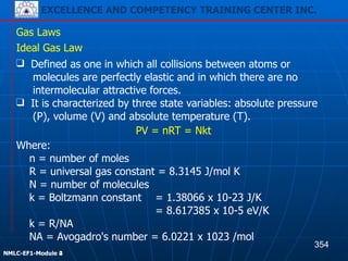 EXCELLENCE AND COMPETENCY TRAINING CENTER INC.
!
!
NMLC-EF1-Module 2
Gas Laws
Where:
n = number of moles
R = universal gas constant = 8.3145 J/mol K
N = number of molecules
k = Boltzmann constant = 1.38066 x 10-23 J/K
= 8.617385 x 10-5 eV/K
k = R/NA
NA = Avogadro's number = 6.0221 x 1023 /mol
Ideal Gas Law
❑ Defined as one in which all collisions between atoms or
molecules are perfectly elastic and in which there are no
intermolecular attractive forces.
❑ It is characterized by three state variables: absolute pressure
(P), volume (V) and absolute temperature (T).
PV = nRT = Nkt
354
EXCELLENCE AND COMPETENCY TRAINING CENTER INC.
!
!
NMLC-EF1-Module 4
 