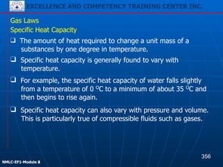 EXCELLENCE AND COMPETENCY TRAINING CENTER INC.
!
!
NMLC-EF1-Module 2
Gas Laws
Specific Heat Capacity
❑ The amount of heat required to change a unit mass of a
substances by one degree in temperature.
❑ For example, the specific heat capacity of water falls slightly
from a temperature of 0 OC to a minimum of about 35 OC and
then begins to rise again.
❑ Specific heat capacity is generally found to vary with
temperature.
❑ Specific heat capacity can also vary with pressure and volume.
This is particularly true of compressible fluids such as gases.
356
EXCELLENCE AND COMPETENCY TRAINING CENTER INC.
!
!
NMLC-EF1-Module 4
 