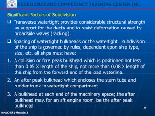 EXCELLENCE AND COMPETENCY TRAINING CENTER INC.
!
!
NMLC-EF1-Module 2
3. A bulkhead at each end of the machinery space; the after
bulkhead may, for an aft engine room, be the after peak
bulkhead.
Significant Factors of Subdivision
❑ Transverse watertight provides considerable structural strength
as support for the decks and to resist deformation caused by
broadside waves (racking).
❑ Spacing of watertight bulkheads or the watertight subdivision
of the ship is governed by rules, dependent upon ship type,
size, etc. all ships must have:
1. A collision or fore peak bulkhead which is positioned not less
than 0.05 X length of the ship, not more than 0.08 X length of
the ship from the forward end of the load waterline.
2. An after peak bulkhead which encloses the stern tube and
rudder trunk in watertight compartment.
39
 