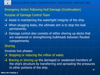 EXCELLENCE AND COMPETENCY TRAINING CENTER INC.
!
!
NMLC-EF1-Module 2
Emergency Action Following Hull Damage (Continuation)
Purpose of Damage Control Team
❑ Assist in maintaining the watertight integrity of the ship.
❑ Damage control also consists of either shoring up decks that
are weakened or strengthening bulkheads between flooded
compartments.
❑ When plugging leaks, the ultimate aim is to stop the leak
permanently.
Shoring
Involves two phases:
❑ Stopping or reducing the inflow of water.
❑ Bracing or shoring up the damaged or weakened members of
the ship’s structure by transferring and spreading the pressures
to other portions of the ship.
56
 