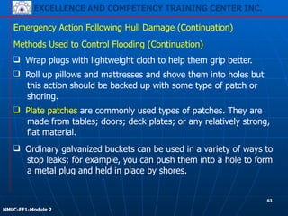 EXCELLENCE AND COMPETENCY TRAINING CENTER INC.
!
!
NMLC-EF1-Module 2
Emergency Action Following Hull Damage (Continuation)
Methods Used to Control Flooding (Continuation)
❑ Ordinary galvanized buckets can be used in a variety of ways to
stop leaks; for example, you can push them into a hole to form
a metal plug and held in place by shores.
❑ Wrap plugs with lightweight cloth to help them grip better.
❑ Roll up pillows and mattresses and shove them into holes but
this action should be backed up with some type of patch or
shoring.
❑ Plate patches are commonly used types of patches. They are
made from tables; doors; deck plates; or any relatively strong,
flat material.
63
 
