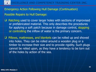 EXCELLENCE AND COMPETENCY TRAINING CENTER INC.
!
!
NMLC-EF1-Module 2
Emergency Action Following Hull Damage (Continuation)
Possible Repairs to Hull Damage:
❑ Pillows, mattresses, and blankets can be rolled up and shoved
into holes. They can be rolled around a wooden plug or a
timber to increase their size and to provide rigidity. Such plugs
cannot be relied upon, as they have a tendency to be torn out
of the holes by action of the sea.
❑ Patching used to cover larger holes with sections of improvised
or prefabricated material. This only describes the procedures
for applying a soft patch because in damage control, stopping
or controlling the inflow of water is the primary concern.
65
 