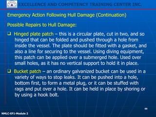 EXCELLENCE AND COMPETENCY TRAINING CENTER INC.
!
!
NMLC-EF1-Module 2
Emergency Action Following Hull Damage (Continuation)
Possible Repairs to Hull Damage:
❑ Hinged plate patch – this is a circular plate, cut in two, and so
hinged that can be folded and pushed through a hole from
inside the vessel. The plate should be fitted with a gasket, and
also a line for securing to the vessel. Using diving equipment,
this patch can be applied over a submerged hole. Used over
small holes, as it has no vertical support to hold it in place.
❑ Bucket patch – an ordinary galvanized bucket can be used in a
variety of ways to stop leaks. It can be pushed into a hole,
bottom first, to form a metal plug, or it can be stuffed with
rags and put over a hole. It can be held in place by shoring or
by using a hook bolt.
66
 