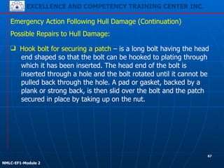 EXCELLENCE AND COMPETENCY TRAINING CENTER INC.
!
!
NMLC-EF1-Module 2
Emergency Action Following Hull Damage (Continuation)
Possible Repairs to Hull Damage:
❑ Hook bolt for securing a patch – is a long bolt having the head
end shaped so that the bolt can be hooked to plating through
which it has been inserted. The head end of the bolt is
inserted through a hole and the bolt rotated until it cannot be
pulled back through the hole. A pad or gasket, backed by a
plank or strong back, is then slid over the bolt and the patch
secured in place by taking up on the nut.
67
 