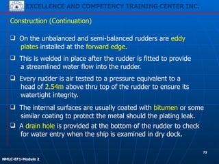 EXCELLENCE AND COMPETENCY TRAINING CENTER INC.
!
!
NMLC-EF1-Module 2
Construction (Continuation)
❑ A drain hole is provided at the bottom of the rudder to check
for water entry when the ship is examined in dry dock.
❑ The internal surfaces are usually coated with bitumen or some
similar coating to protect the metal should the plating leak.
❑ On the unbalanced and semi-balanced rudders are eddy
plates installed at the forward edge.
❑ This is welded in place after the rudder is fitted to provide
a streamlined water flow into the rudder.
❑ Every rudder is air tested to a pressure equivalent to a
head of 2.54m above thru top of the rudder to ensure its
watertight integrity.
73
 