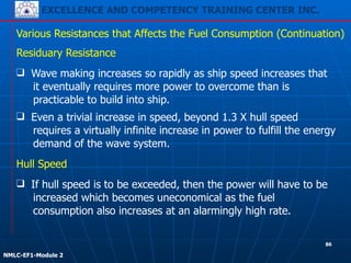 EXCELLENCE AND COMPETENCY TRAINING CENTER INC.
!
!
NMLC-EF1-Module 2
❑ Wave making increases so rapidly as ship speed increases that
it eventually requires more power to overcome than is
practicable to build into ship.
Various Resistances that Affects the Fuel Consumption (Continuation)
❑ If hull speed is to be exceeded, then the power will have to be
increased which becomes uneconomical as the fuel
consumption also increases at an alarmingly high rate.
❑ Even a trivial increase in speed, beyond 1.3 X hull speed
requires a virtually infinite increase in power to fulfill the energy
demand of the wave system.
Residuary Resistance
Hull Speed
86
 