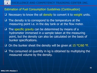 EXCELLENCE AND COMPETENCY TRAINING CENTER INC.
!
!
NMLC-EF1-Module 2
❑ On the bunker sheet the density will be given at 15 °C/60 °F.
Estimation of Fuel Consumption Guidelines (Continuation)
❑ Necessary to know the oil density to convert it to weight units.
❑ The density is to correspond to the temperature at the
measuring point i.e. in the day tank or at the flow meter.
❑ The specific gravity can be determined by means of a
hydrometer immersed in a sample taken at the measuring
point, but the density can also be calculated on the basis of
bunker specifications.
❑ The consumed oil quantity in kg is obtained by multiplying the
measured volume by the density.
93
 