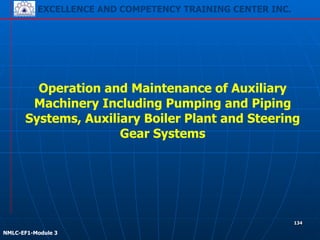 EXCELLENCE AND COMPETENCY TRAINING CENTER INC.
!
!
NMLC-EF1-Module 3
134
Operation and Maintenance of Auxiliary
Machinery Including Pumping and Piping
Systems, Auxiliary Boiler Plant and Steering
Gear Systems
 