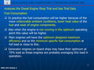 EXCELLENCE AND COMPETENCY TRAINING CENTER INC.
!
!
NMLC-EF1-Module 3
❑ Main engines will have the optimum designed maximum
efficiency and so the minimum specific fuel consumption at
full load or close to this.
Analyzes the Diesel Engine Shop Trial and Sea Trial Data
Fuel Consumption
❑ In practice the fuel consumption will be higher because of the
more unfavorable ambient conditions, lower heat value of the
fuel and wear of engine components.
❑ Also when the engine is not running in the optimum operating
point this value will be higher.
❑ Generator engines on board ships may have their optimum at
70% load as these engines are probably averaging this load in
operation.
14
 