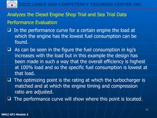 EXCELLENCE AND COMPETENCY TRAINING CENTER INC.
!
!
NMLC-EF1-Module 3
❑ As can be seen in the figure the fuel consumption in kg/s
increases with the load but in this example the design has
been made in such a way that the overall efficiency is highest
at 100% load and so the specific fuel consumption is lowest at
that load.
Analyzes the Diesel Engine Shop Trial and Sea Trial Data
Performance Evaluation
❑ In the performance curve for a certain engine the load at
which the engine has the lowest fuel consumption can be
found.
❑ The optimizing point is the rating at which the turbocharger is
matched and at which the engine timing and compression
ratio are adjusted.
❑ The performance curve will show where this point is located.
15
 