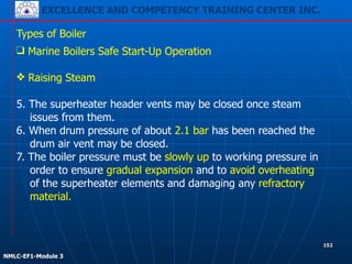 EXCELLENCE AND COMPETENCY TRAINING CENTER INC.
!
!
NMLC-EF1-Module 3
152
Types of Boiler
❑ Marine Boilers Safe Start-Up Operation
!
❖ Raising Steam
!
5. The superheater header vents may be closed once steam
issues from them.
6. When drum pressure of about 2.1 bar has been reached the
drum air vent may be closed.
7. The boiler pressure must be slowly up to working pressure in
order to ensure gradual expansion and to avoid overheating
of the superheater elements and damaging any refractory
material.
 